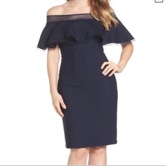 Tadashi Shoji NWT TABORA NAVY OFF-THE-SHOULDER DRESS Size L - Picture 1 of 16